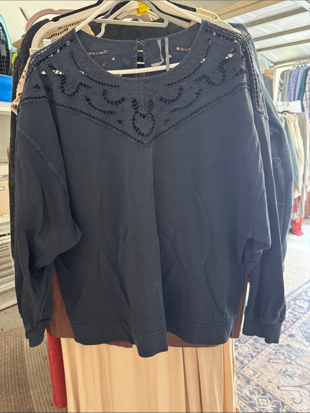 Anthropologie Black Crochet Yoke Crewneck Sweater- XL